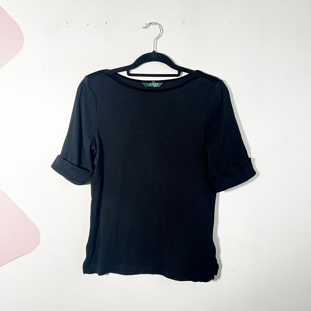 Lauren Ralph Lauren‎ Black Boat Neck Top Women's Large Velvet Trim Luxury